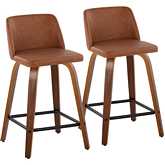 Toriano 24" Swivel Counter Stool in Walnut Wood & Camel Leatherette with Black Footrest (Set of 2)